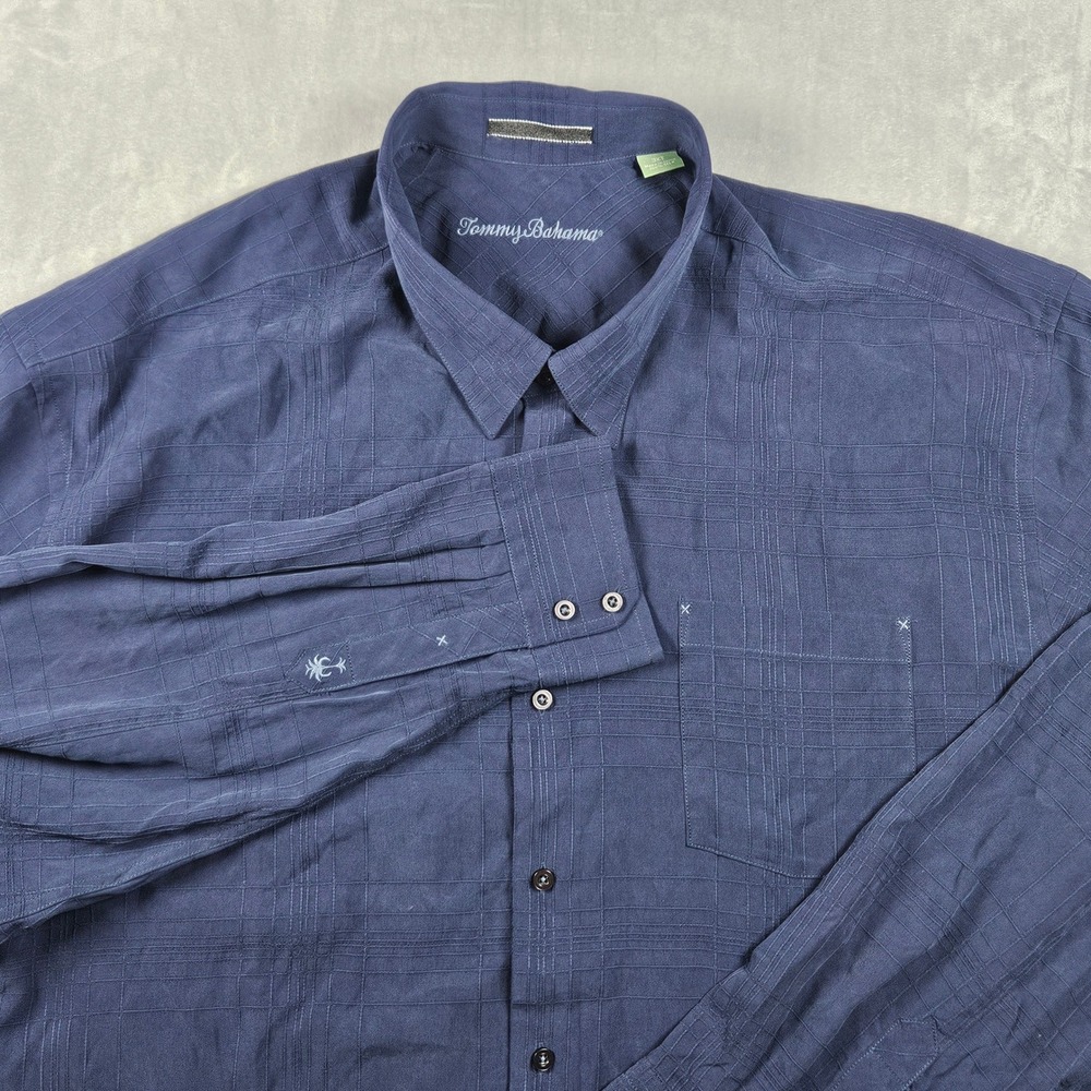 Tommy Bahama Silk Shirt Mens 3XT Blue Button Up Textured Grid Pocket Beach